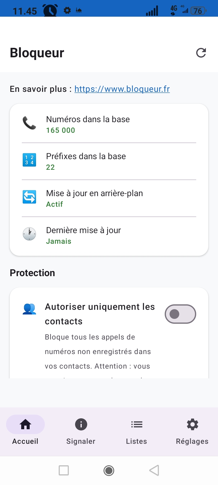 Tableau de bord Bloqueur.fr — statistiques base de données