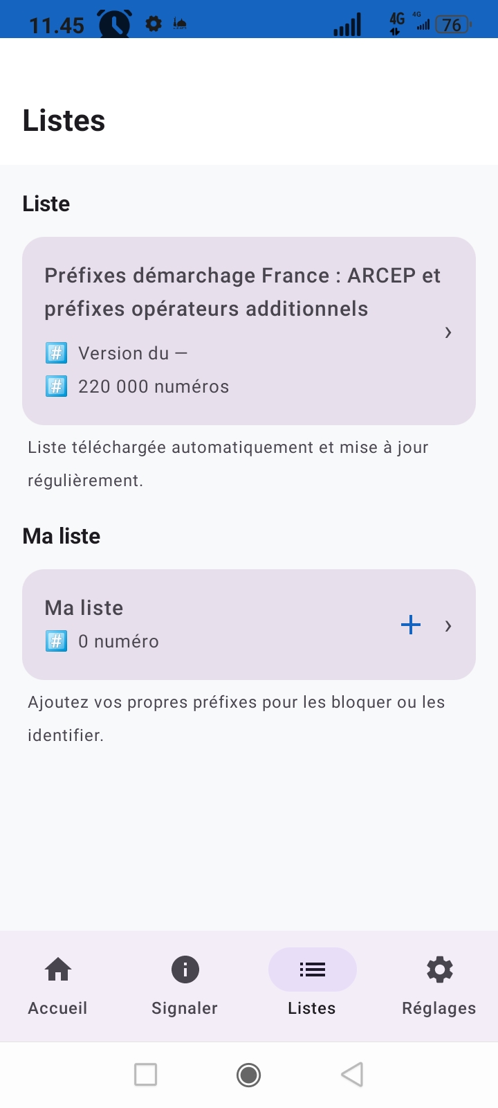 Écran listes — préfixes ARCEP et liste personnelle