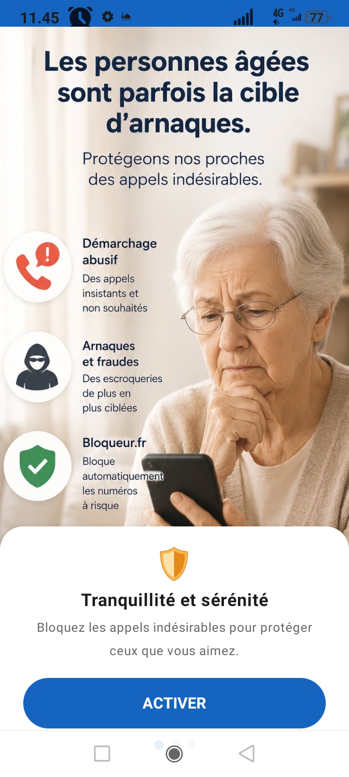 Écran d'onboarding Bloqueur.fr — seniors et arnaques