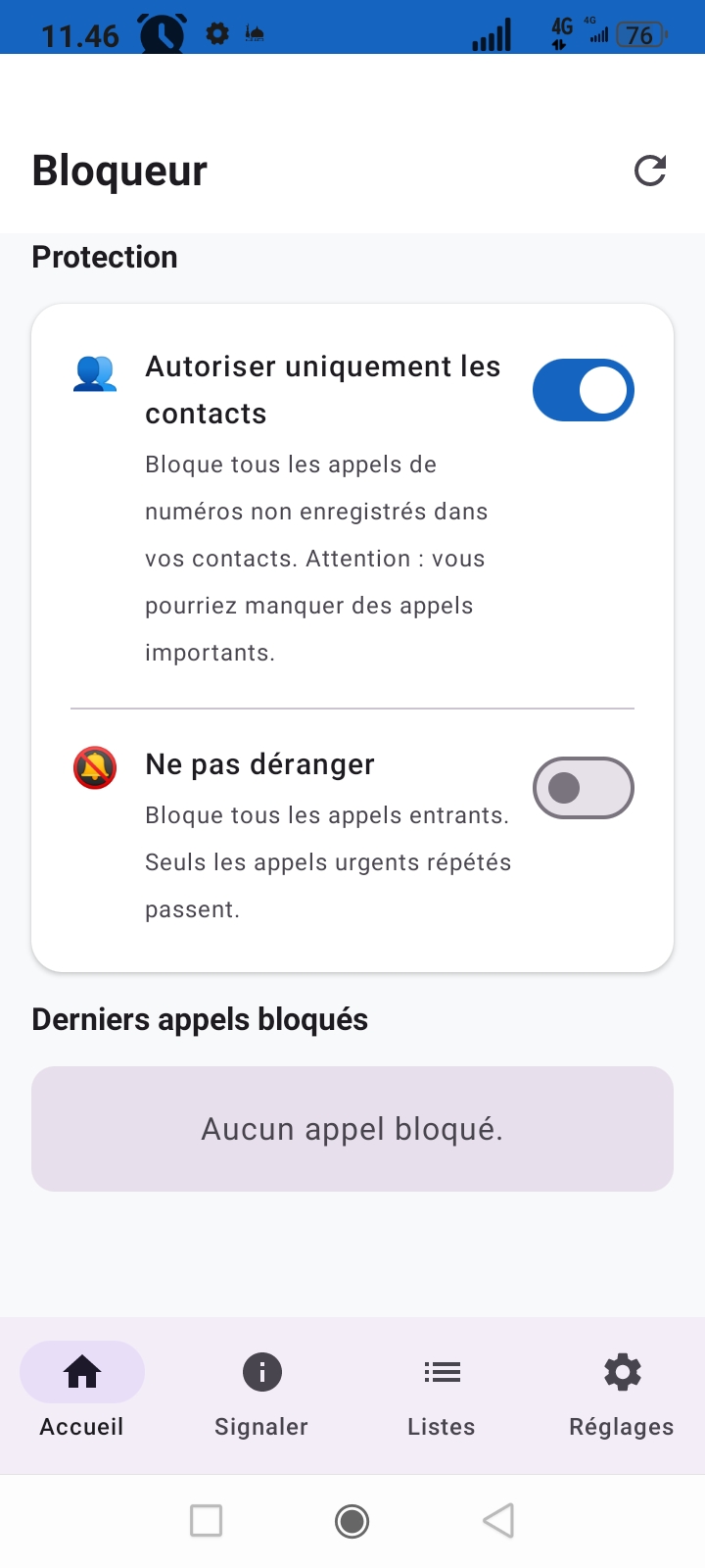 Écran protection — autoriser contacts et ne pas déranger