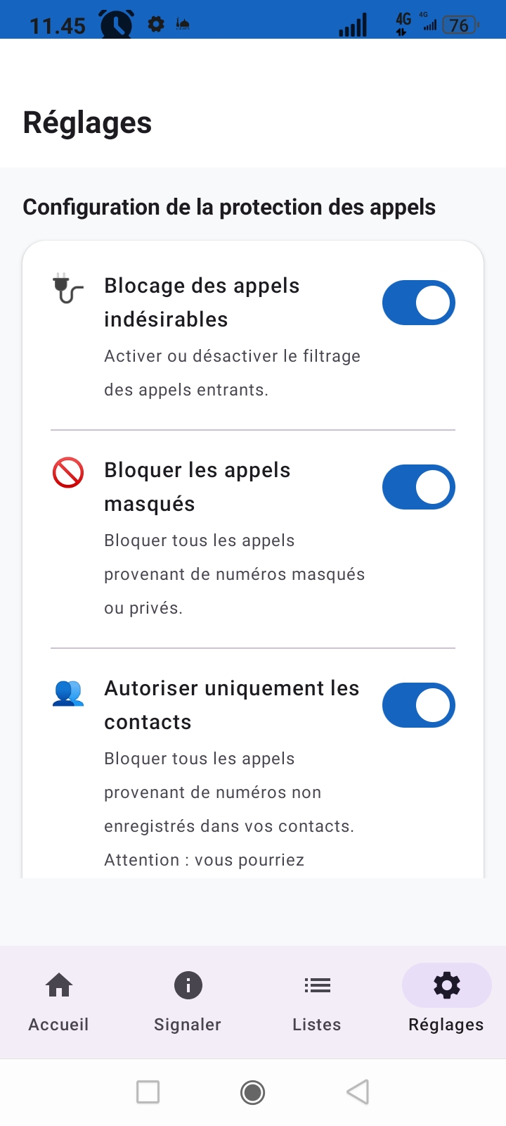 Réglages Bloqueur.fr — blocage appels masqués, contacts uniquement