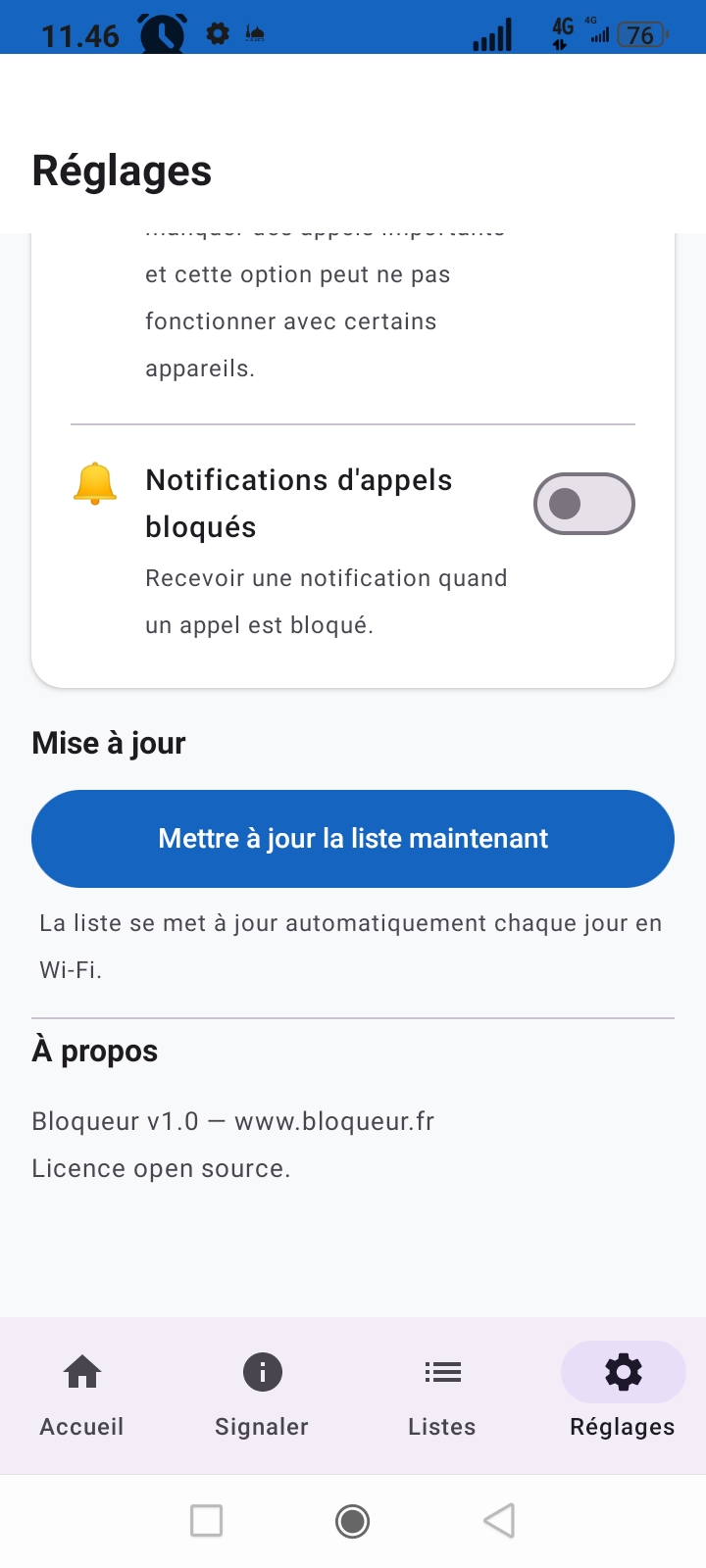 Réglages Bloqueur.fr — mise à jour liste, à propos v1.0