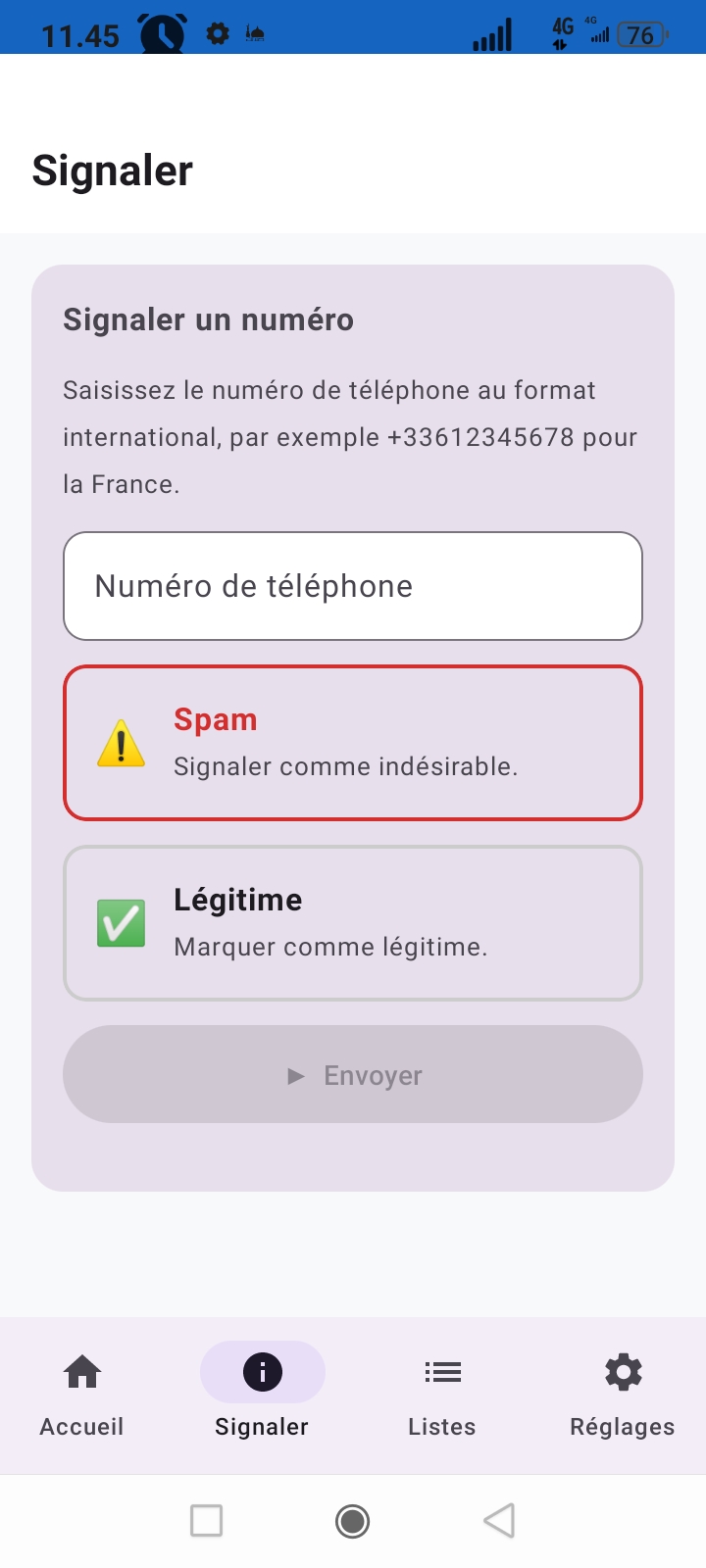 Écran signalement — signaler un numéro spam ou légitime